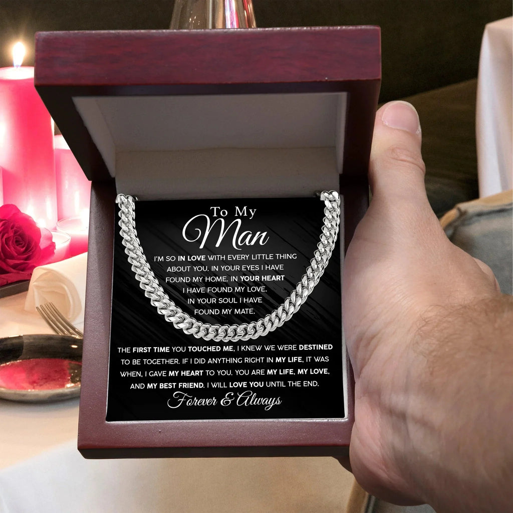 To My Man - In you Soul, I have found my Mate - Cuban Chain Link Necklace with Message Card