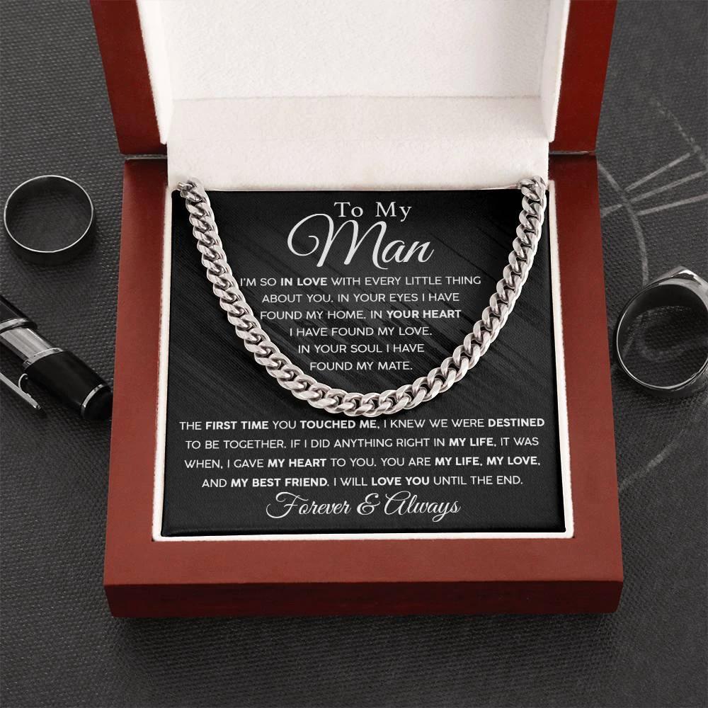 To My Man - In you Soul, I have found my Mate - Cuban Chain Link Necklace with Message Card