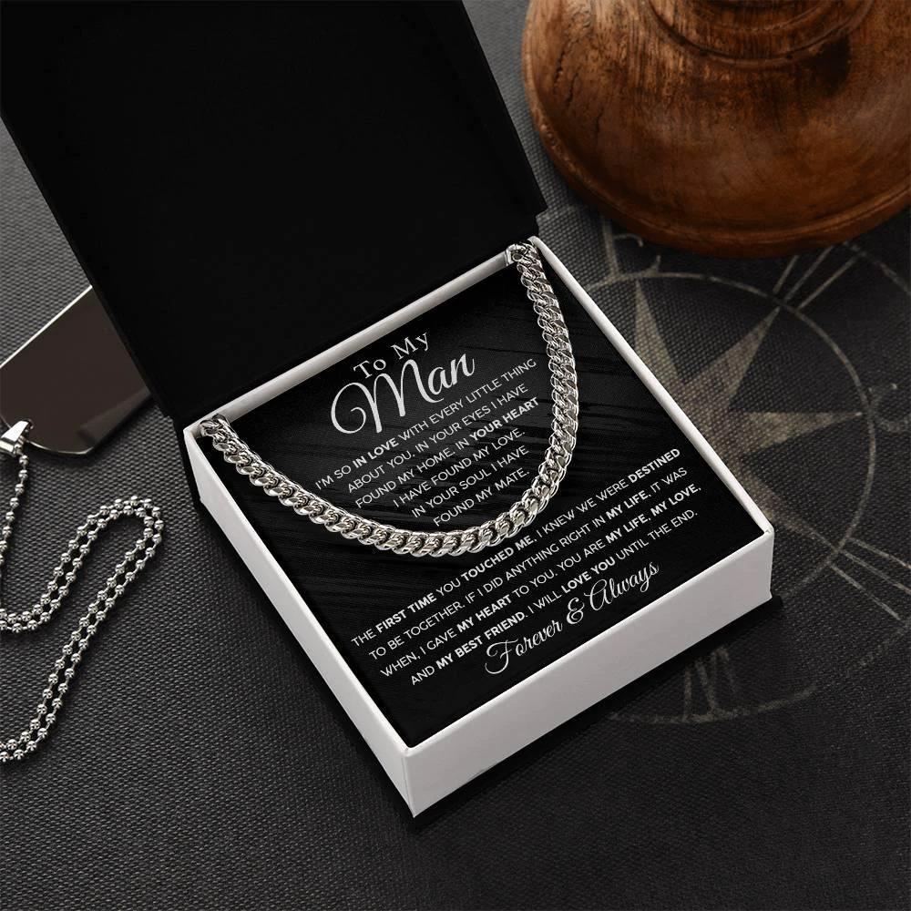 To My Man - In you Soul, I have found my Mate - Cuban Chain Link Necklace with Message Card