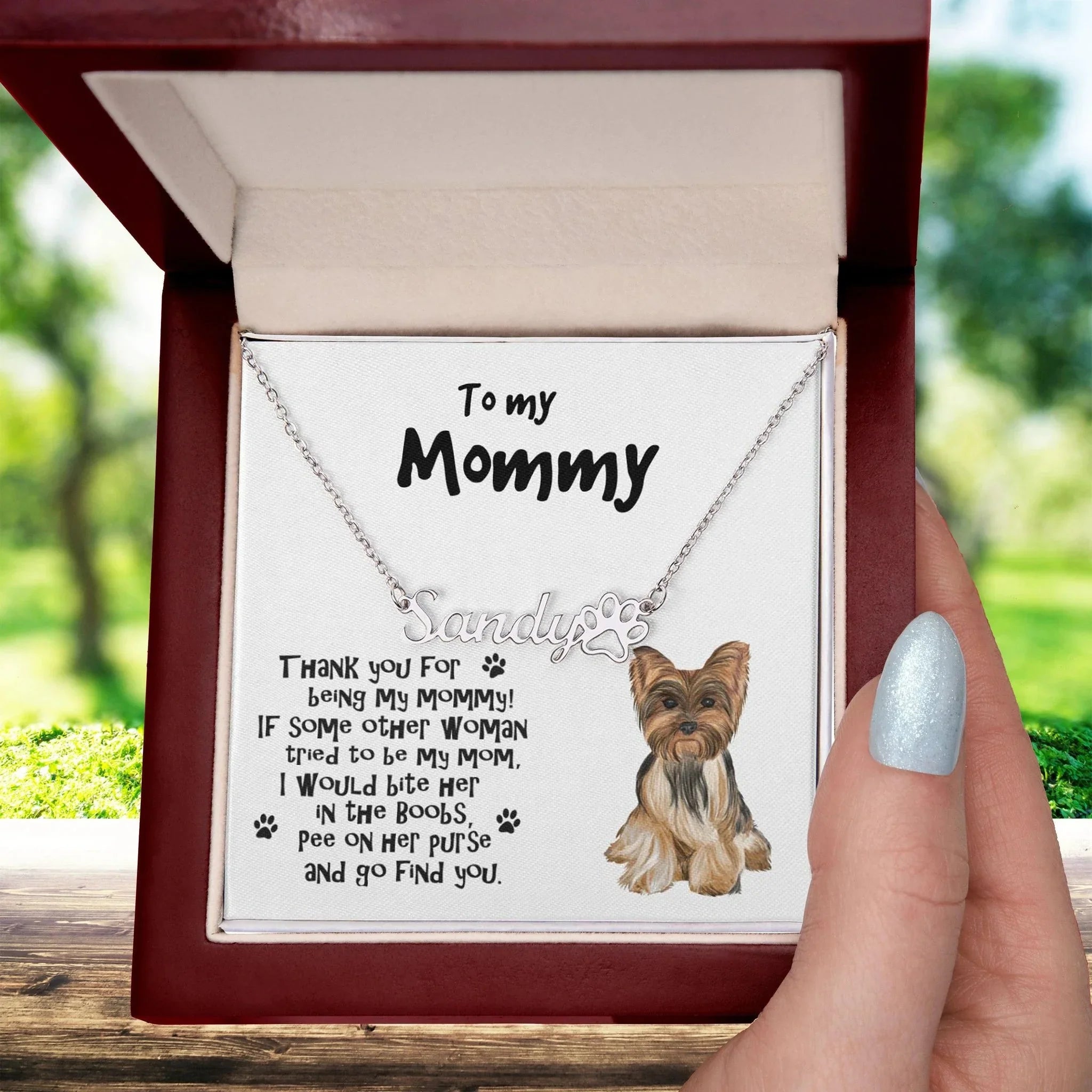 To My Mommy Yorkshire Terrier Paw Print Name Necklace