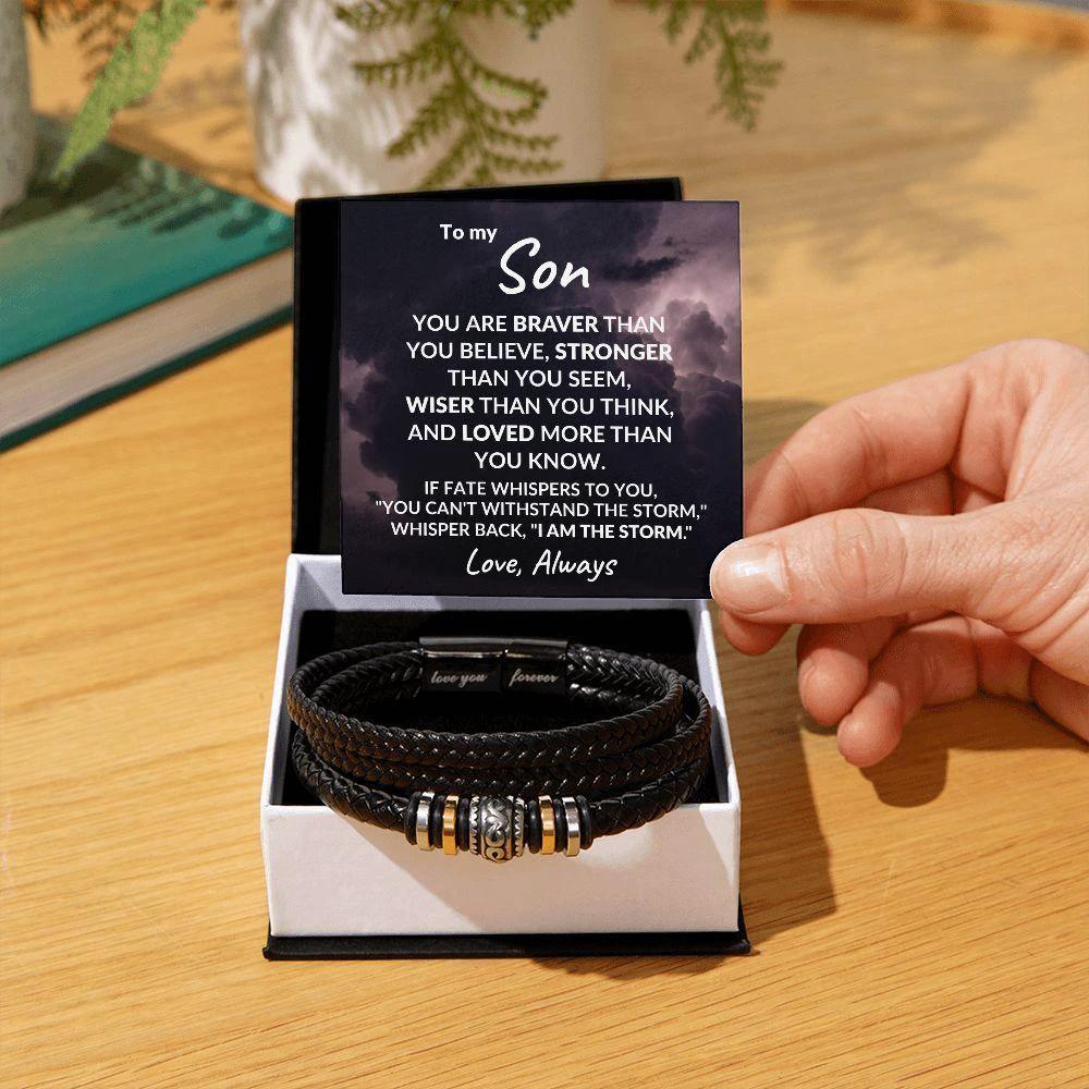 To My Son Braver Than You Believe Braided Leather Bracelet