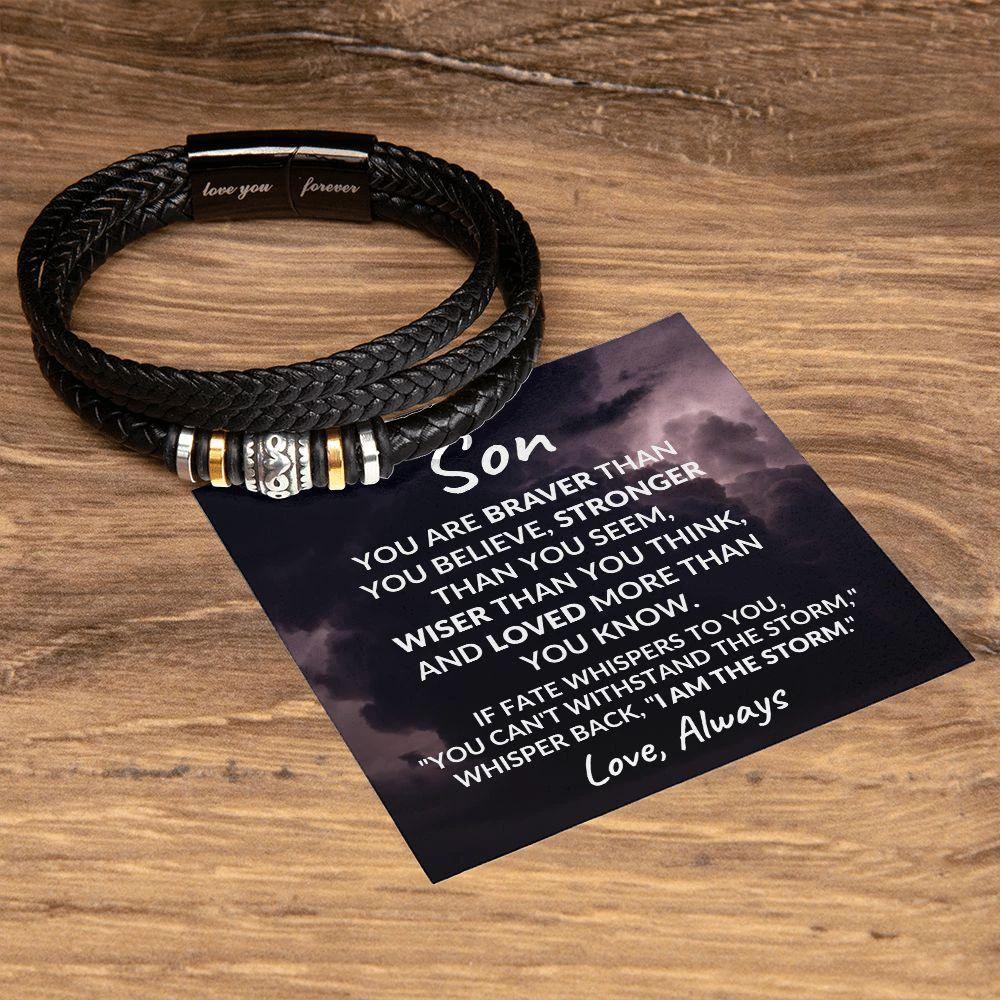 To My Son Braver Than You Believe Braided Leather Bracelet