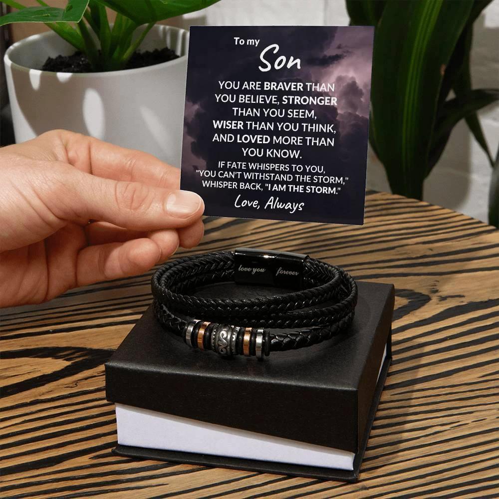 To My Son Braver Than You Believe Braided Leather Bracelet