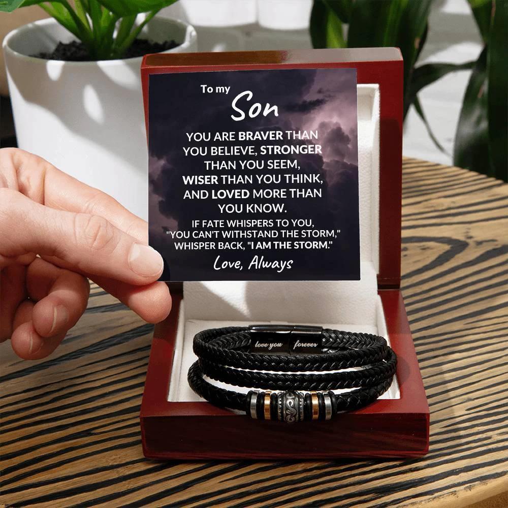 To My Son Braver Than You Believe Braided Leather Bracelet