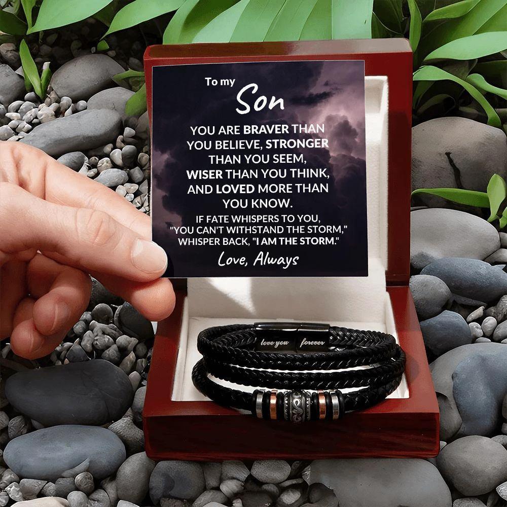 To My Son Braver Than You Believe Braided Leather Bracelet