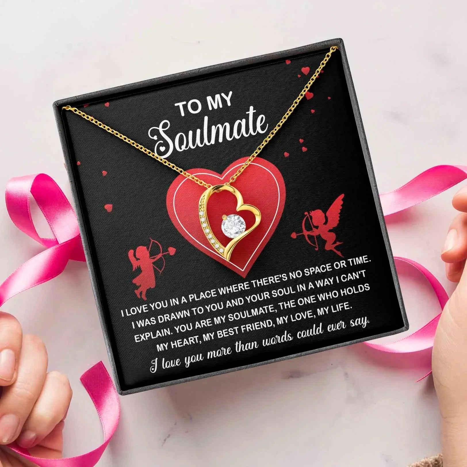 To My Soulmate - I Love You More - Forever Love Heart Pendant with Message Card