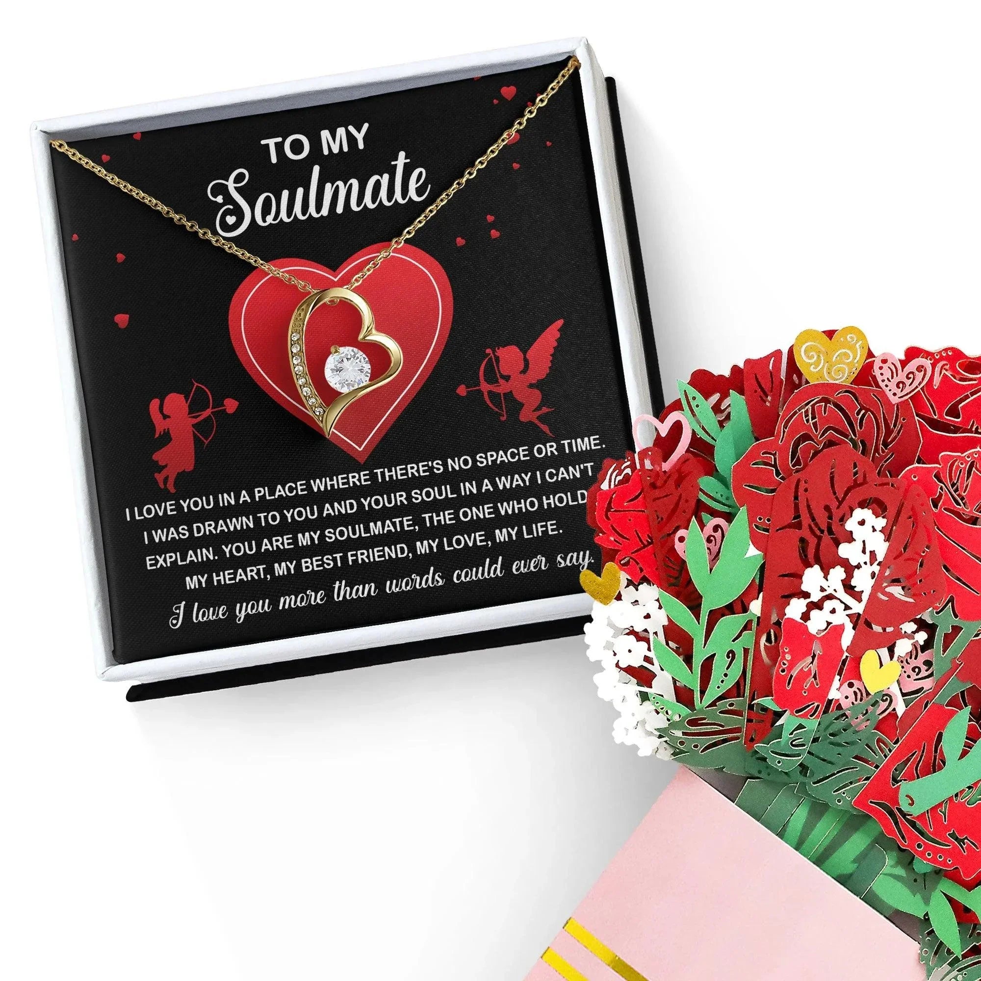 To My Soulmate - I Love You More - Forever Love Heart Pendant with Message Card