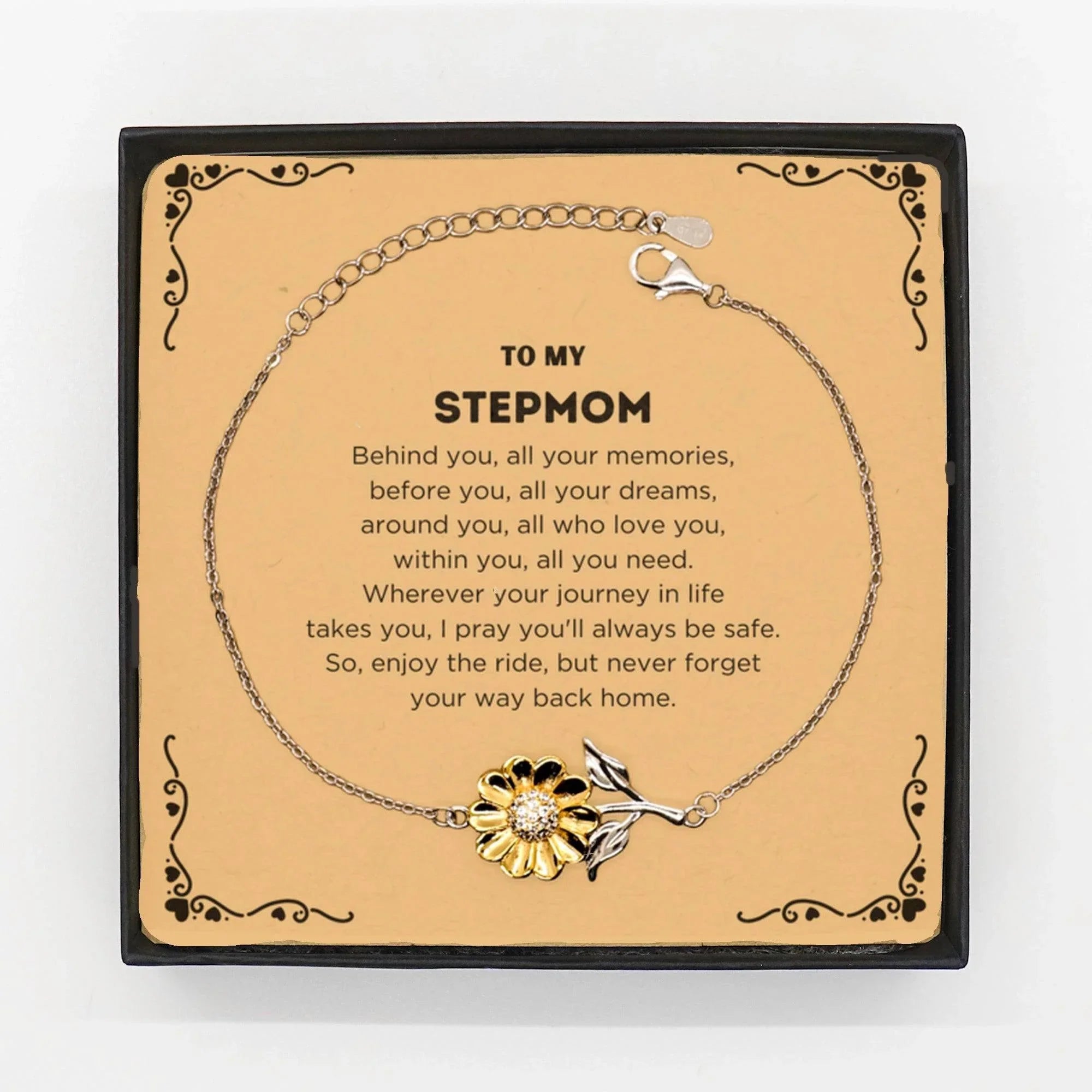 To My Stepmom Gifts, Inspirational Stepmom Sunflower Bracelet, Sentimental Birthday Christmas Unique Gifts For Stepmom Behind you, all your memories, before you, all your dreams, around you, all who love you, within you, all you need