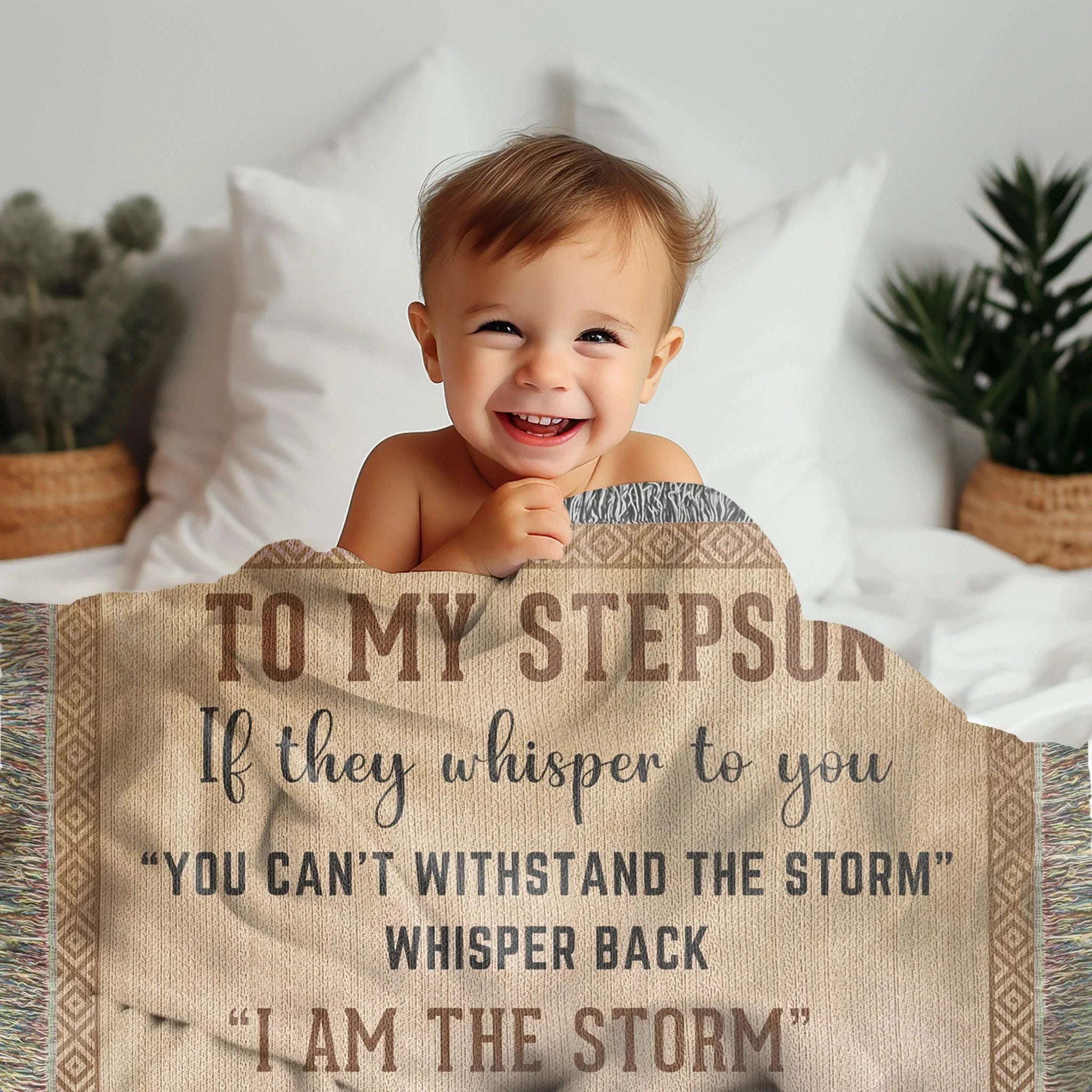 To My Stepson, Whisper Back, I am the Storm Heirloom Keepsake Woven Blanket