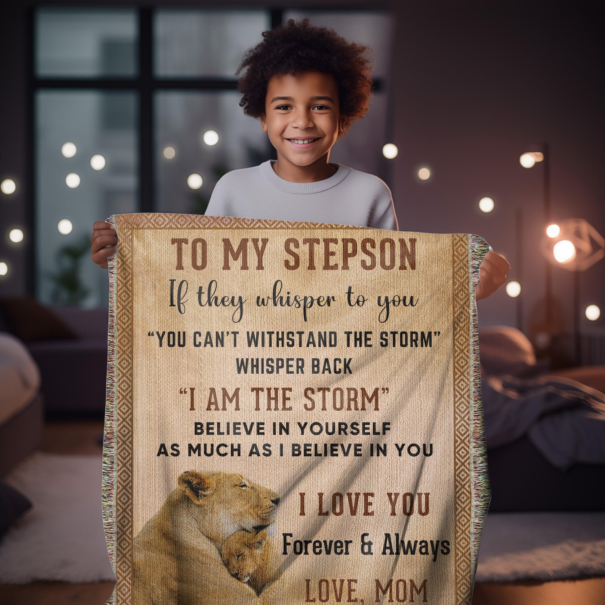 To My Stepson, Whisper Back, I am the Storm Heirloom Keepsake Woven Blanket - Mallard Moon Gift Shop
