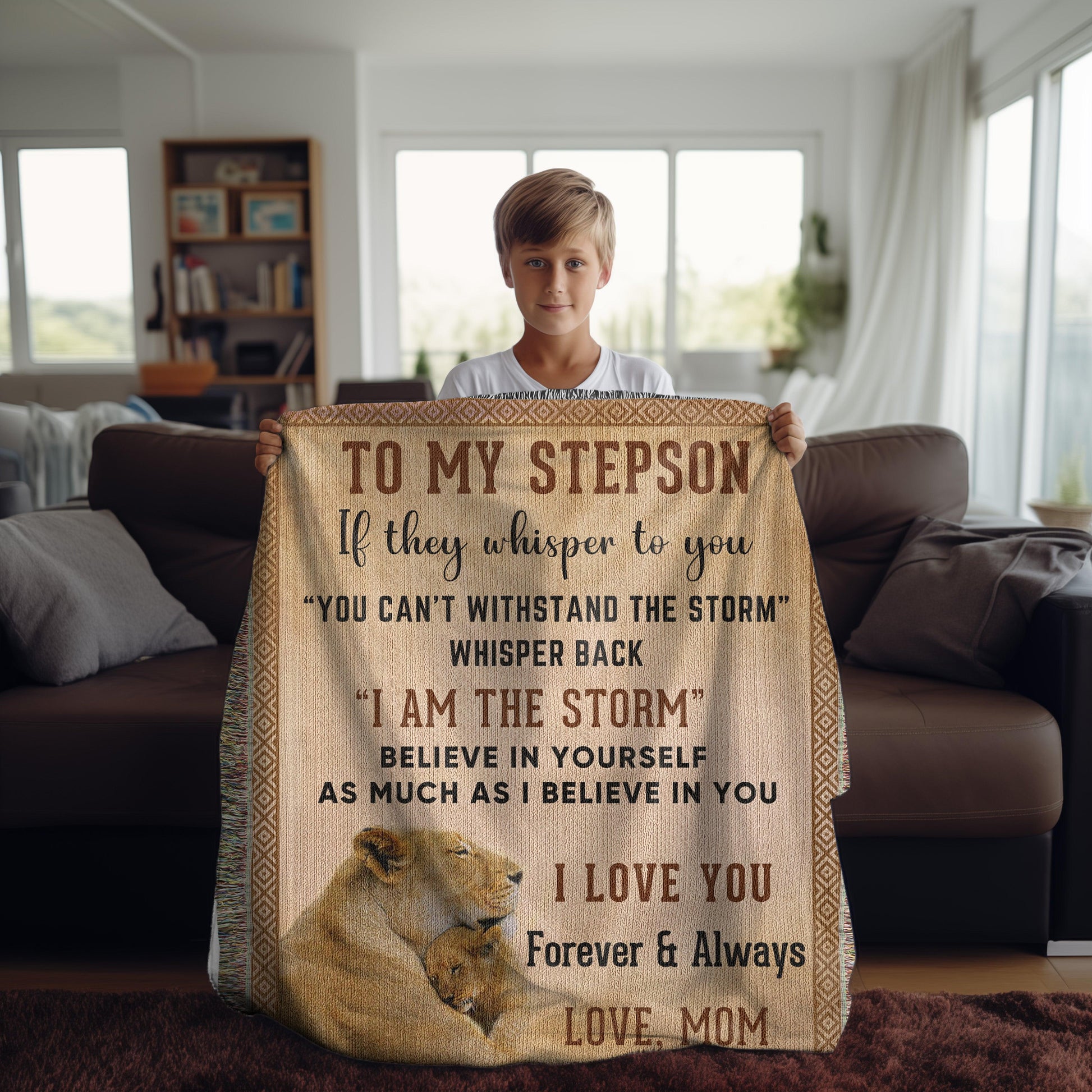 To My Stepson, Whisper Back, I am the Storm Heirloom Keepsake Woven Blanket - Mallard Moon Gift Shop