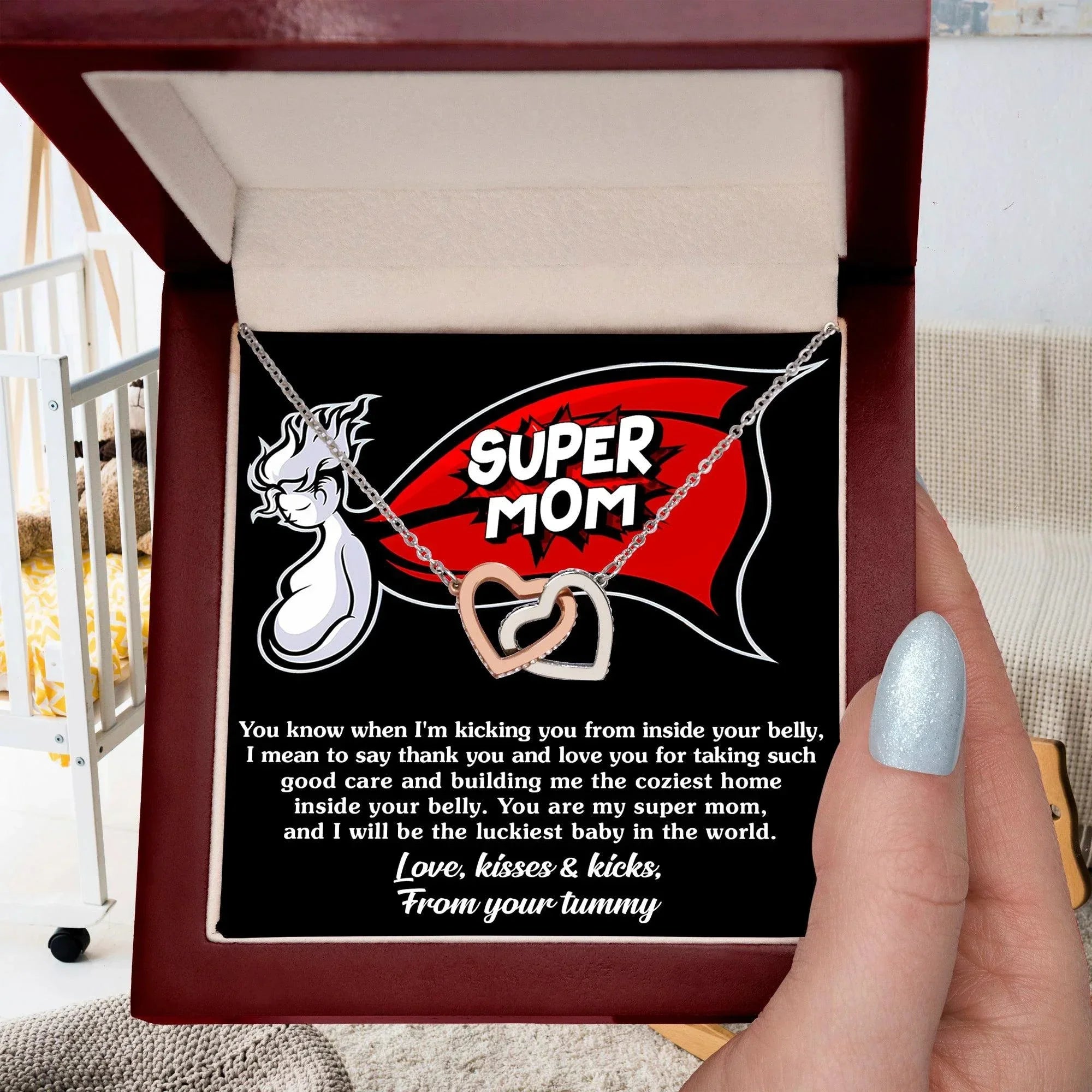 To My Super Mom To Be Kisses and Kicks from your Tummy Interlocking Hearts Necklace
