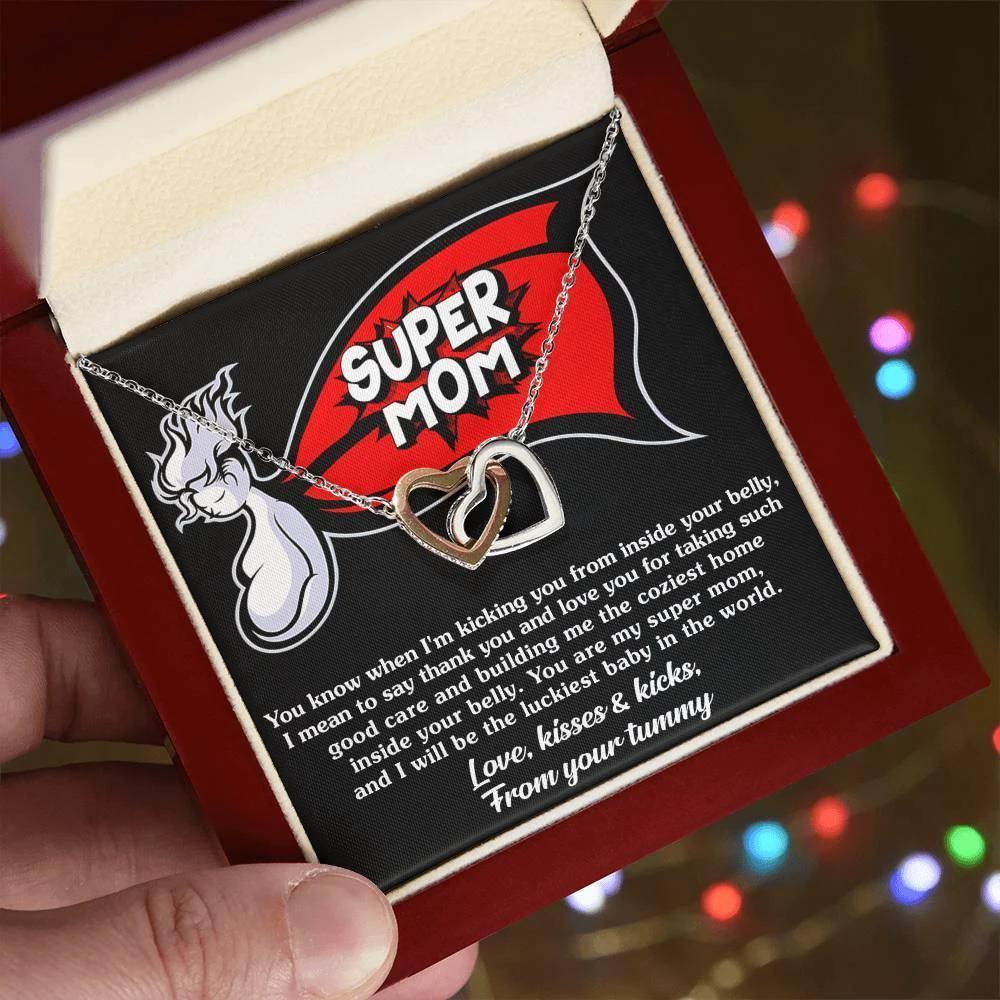 To My Super Mom To Be Kisses and Kicks from your Tummy Interlocking Hearts Necklace