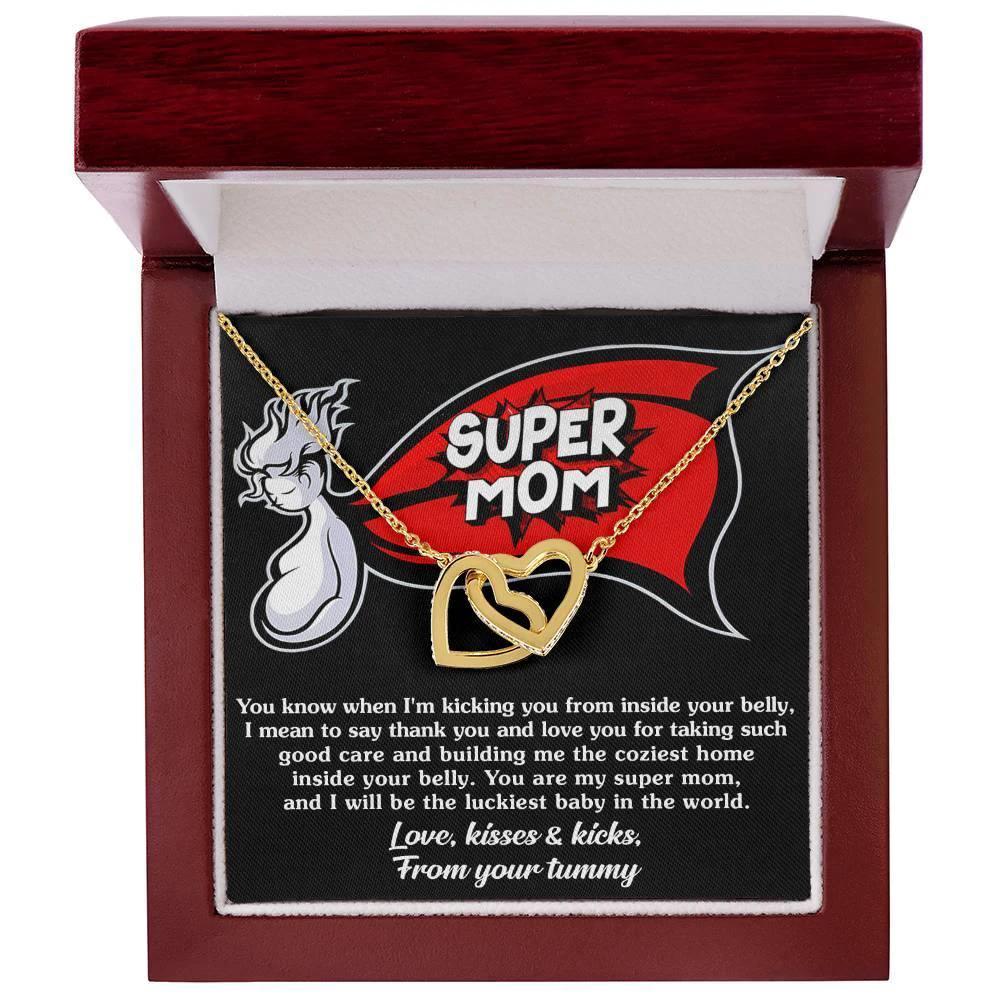To My Super Mom To Be Kisses and Kicks from your Tummy Interlocking Hearts Necklace