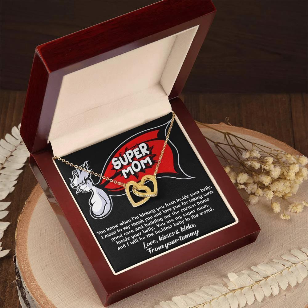 To My Super Mom To Be Kisses and Kicks from your Tummy Interlocking Hearts Necklace