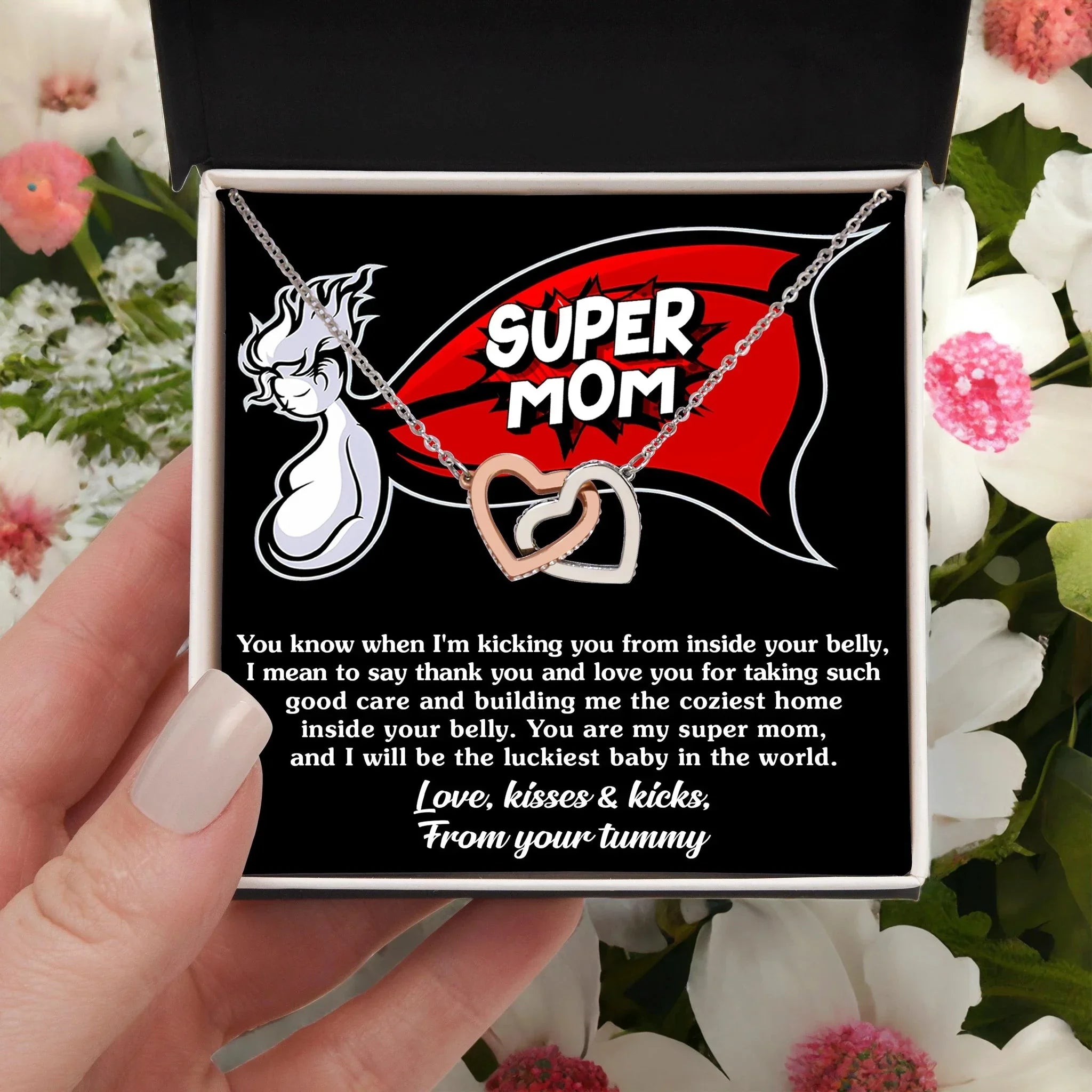 To My Super Mom To Be Kisses and Kicks from your Tummy Interlocking Hearts Necklace