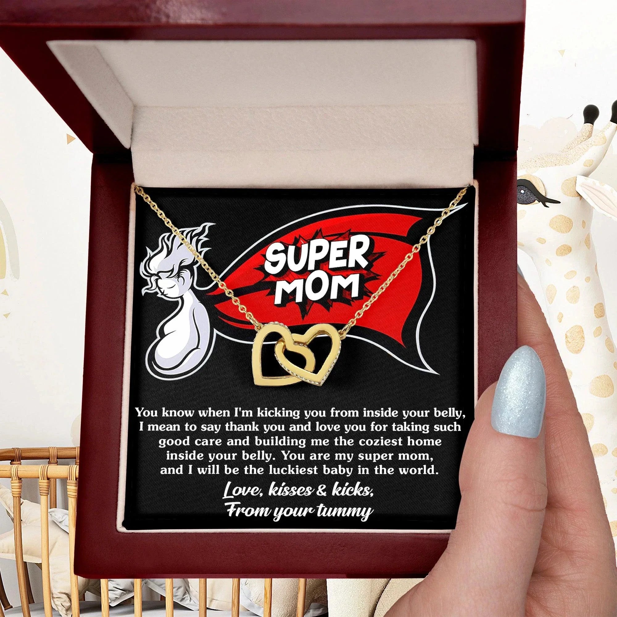To My Super Mom To Be Kisses and Kicks from your Tummy Interlocking Hearts Necklace