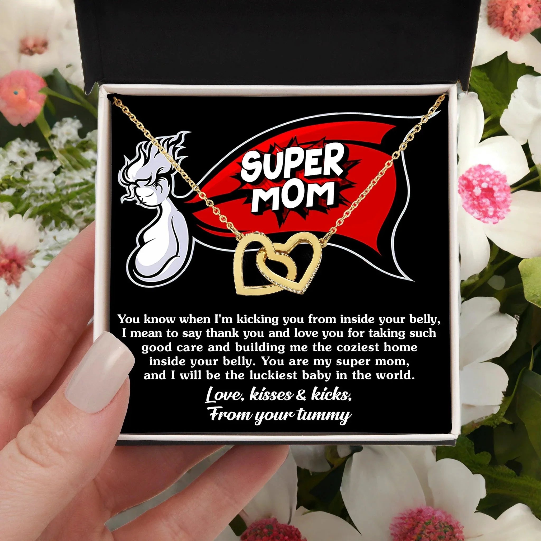 To My Super Mom To Be Kisses and Kicks from your Tummy Interlocking Hearts Necklace