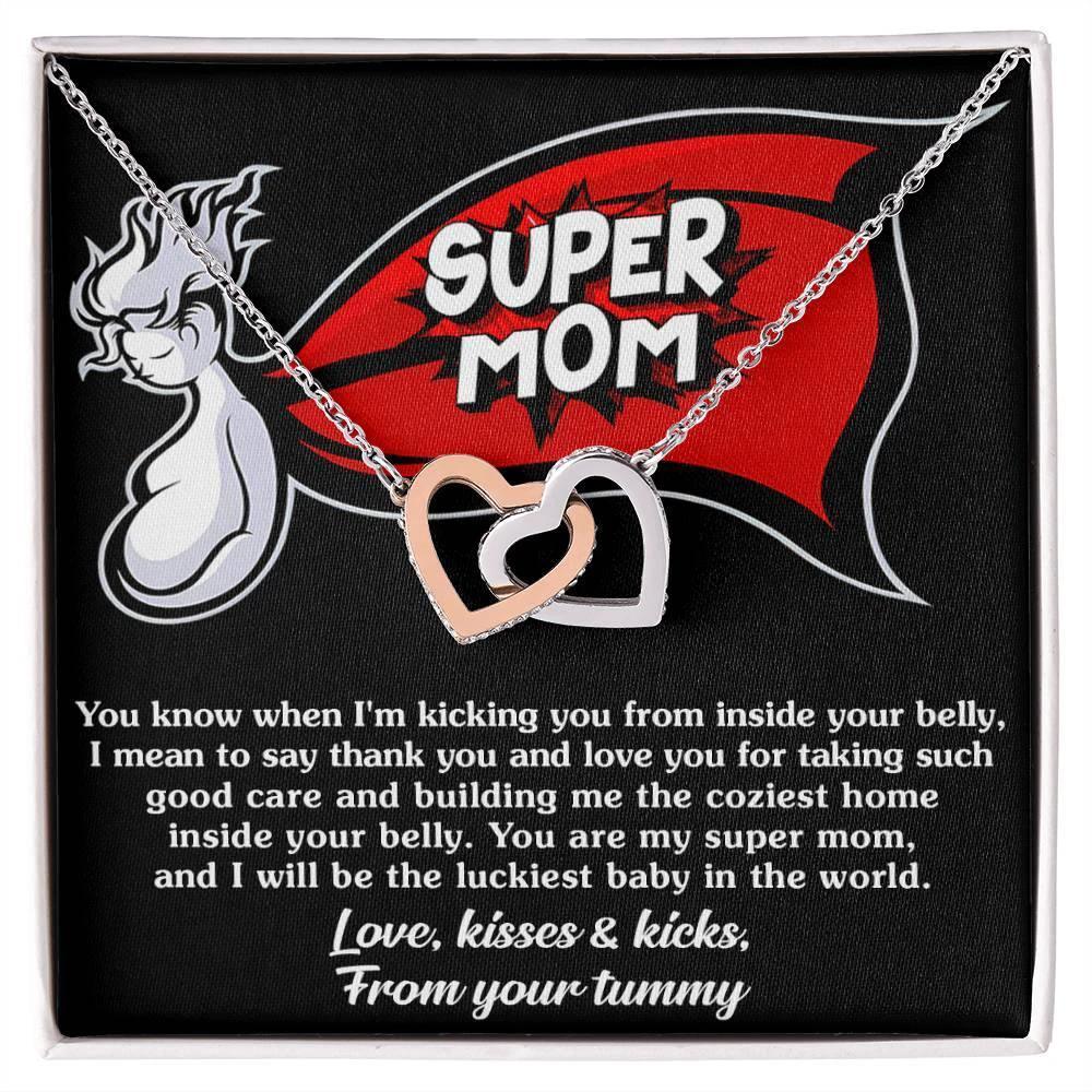 To My Super Mom To Be Kisses and Kicks from your Tummy Interlocking Hearts Necklace