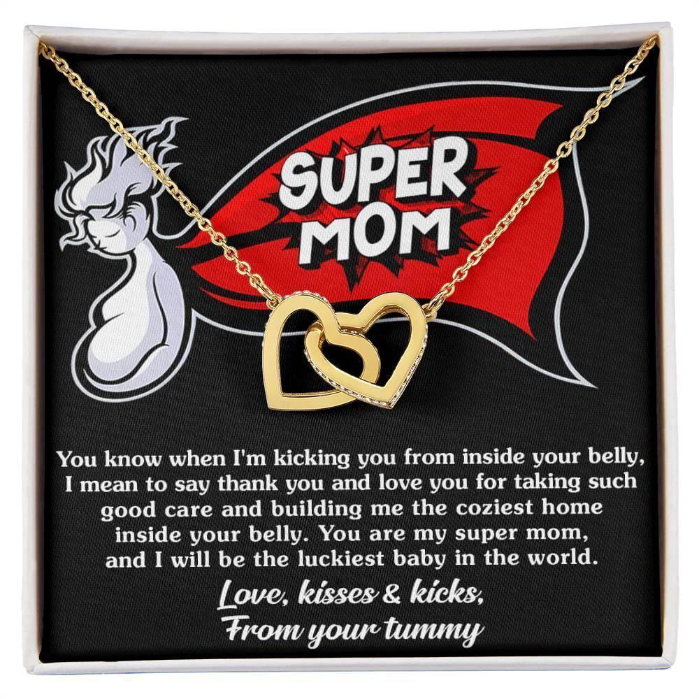 To My Super Mom To Be Kisses and Kicks from your Tummy Interlocking Hearts Necklace