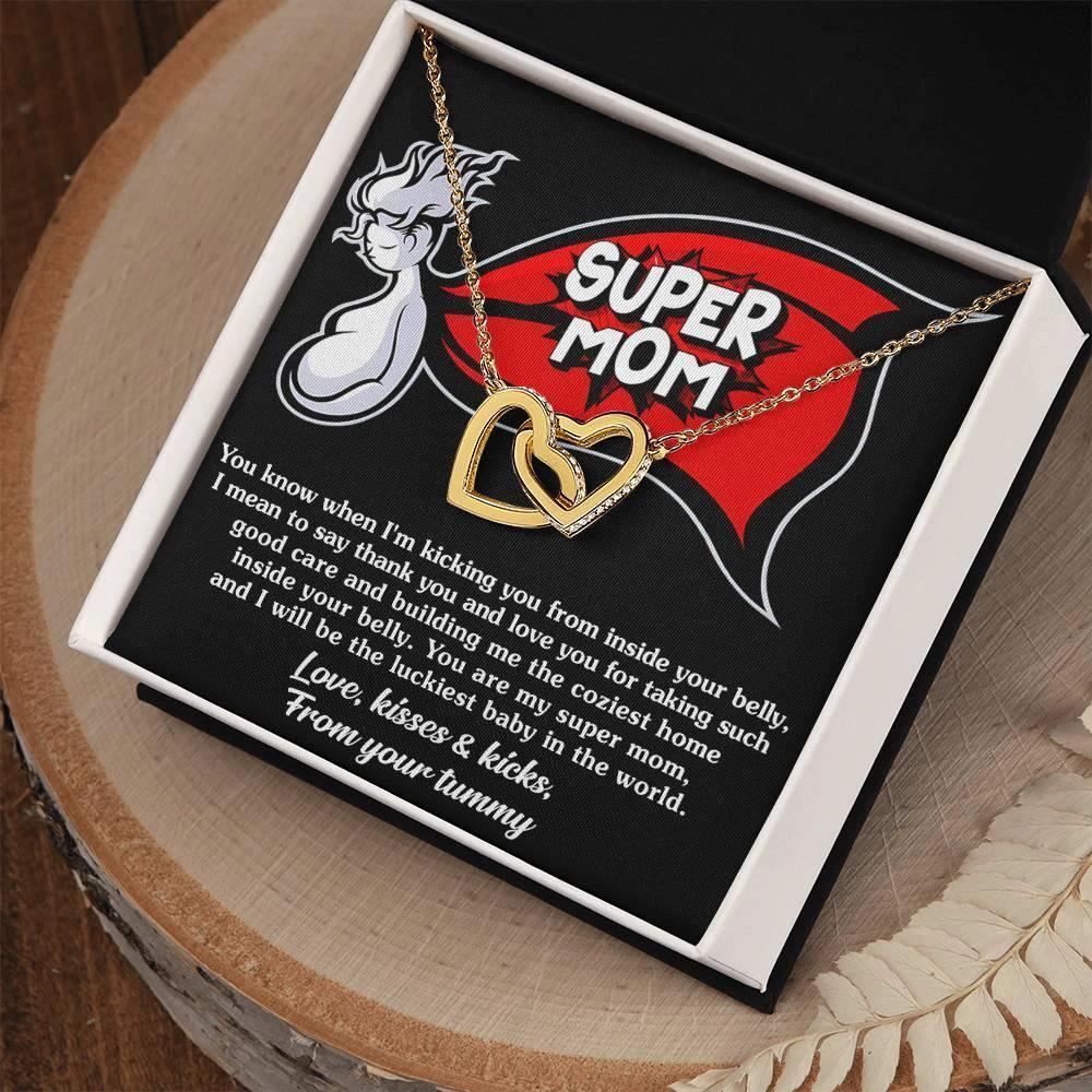 To My Super Mom To Be Kisses and Kicks from your Tummy Interlocking Hearts Necklace