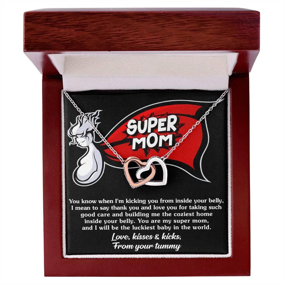 To My Super Mom To Be Kisses and Kicks from your Tummy Interlocking Hearts Necklace