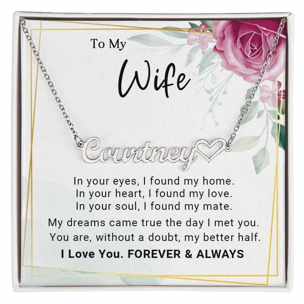 To My Wife, My Dreams Came True the Day I Met You Personalized Name Necklace with Heart