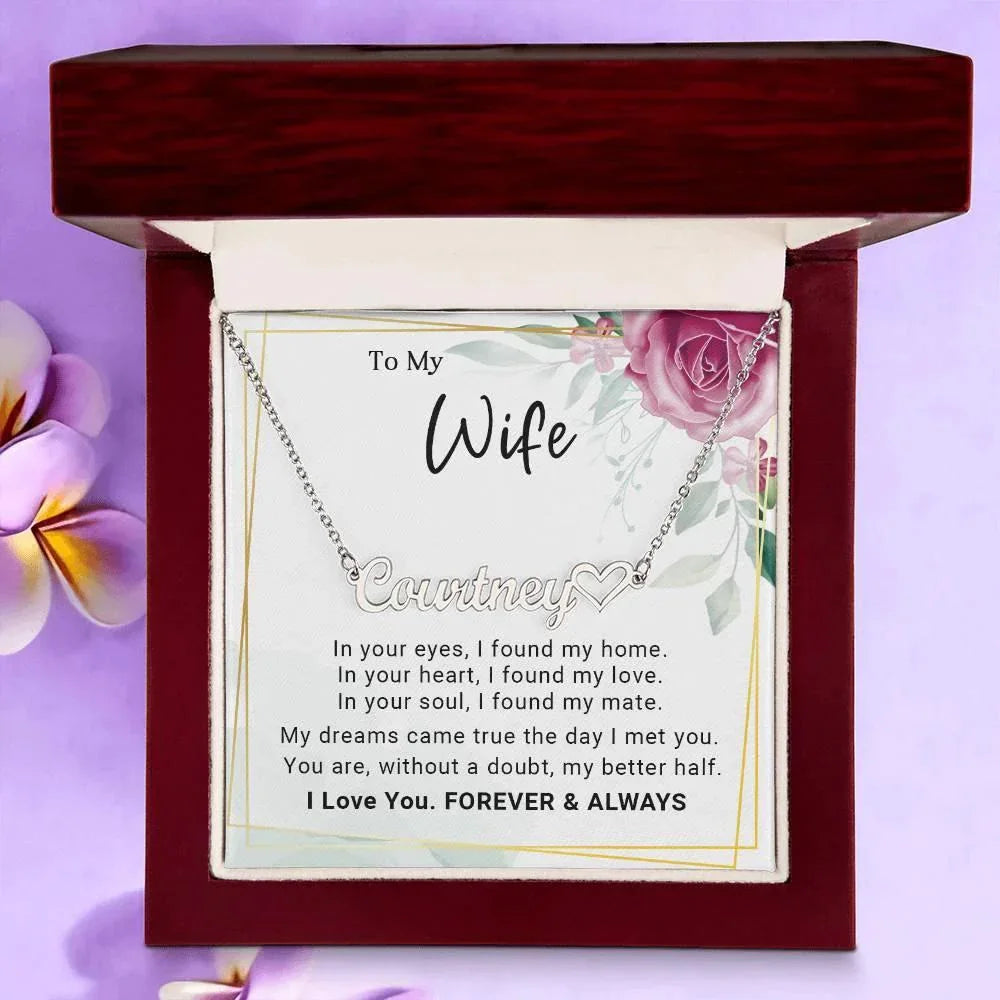 To My Wife, My Dreams Came True the Day I Met You Personalized Name Necklace with Heart