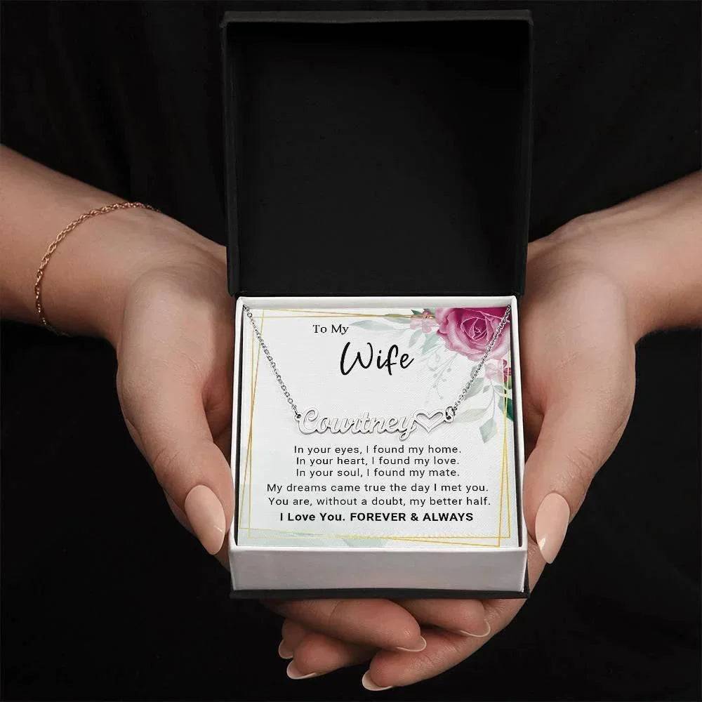 To My Wife, My Dreams Came True the Day I Met You Personalized Name Necklace with Heart