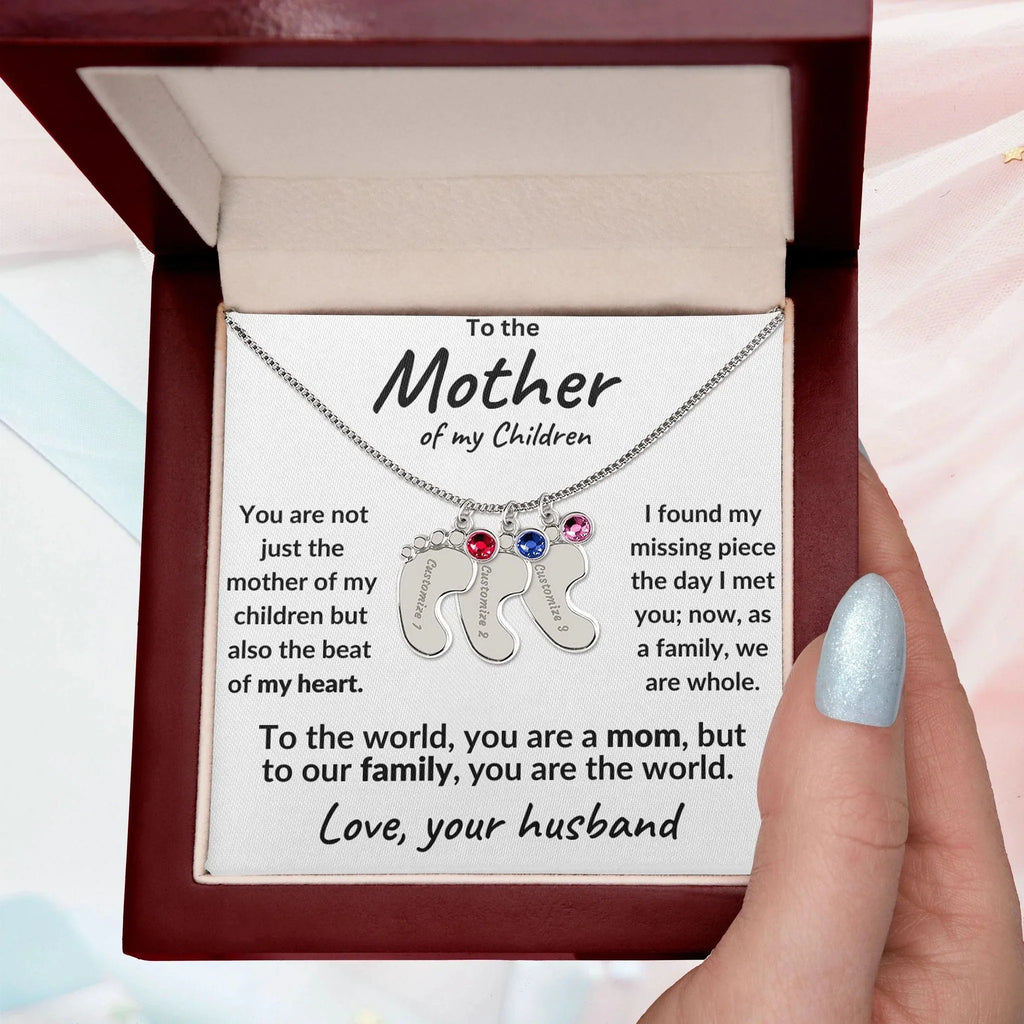 To the Mother of my Children Baby Feet Engraved Charms with Birthstone Necklace