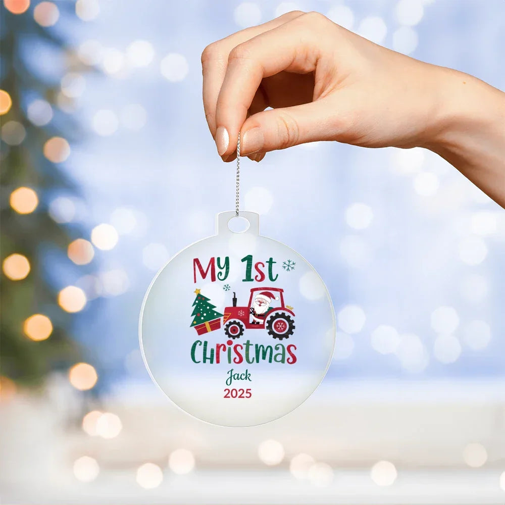 Personalized My 1st Christmas Acrylic Ornament with Name & Year – Santa Tractor Baby’s First Christmas Keepsake Gift