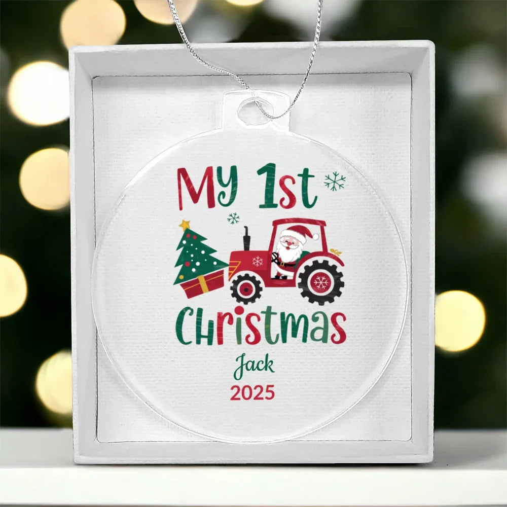 Personalized My 1st Christmas Acrylic Ornament with Name & Year – Santa Tractor Baby’s First Christmas Keepsake Gift
