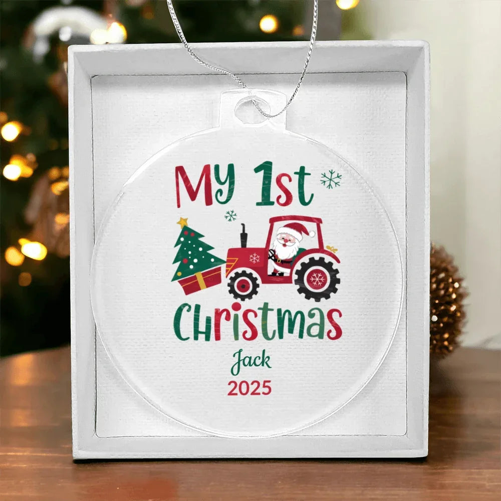 Personalized My 1st Christmas Acrylic Ornament with Name & Year – Santa Tractor Baby’s First Christmas Keepsake Gift