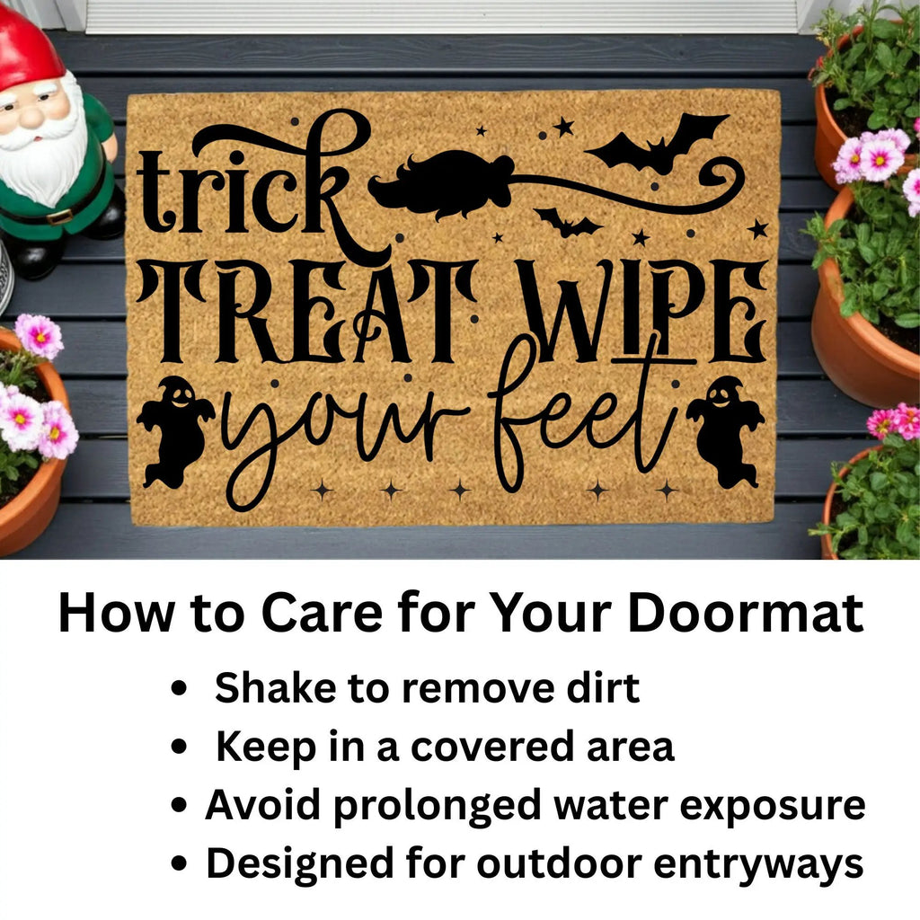 Trick, Treat, Wipe Your Feet Coir Doormat – Funny Halloween Welcome Mat | Spooky Ghost and Bat Porch Decor | Rustic Fall Entryway Rug