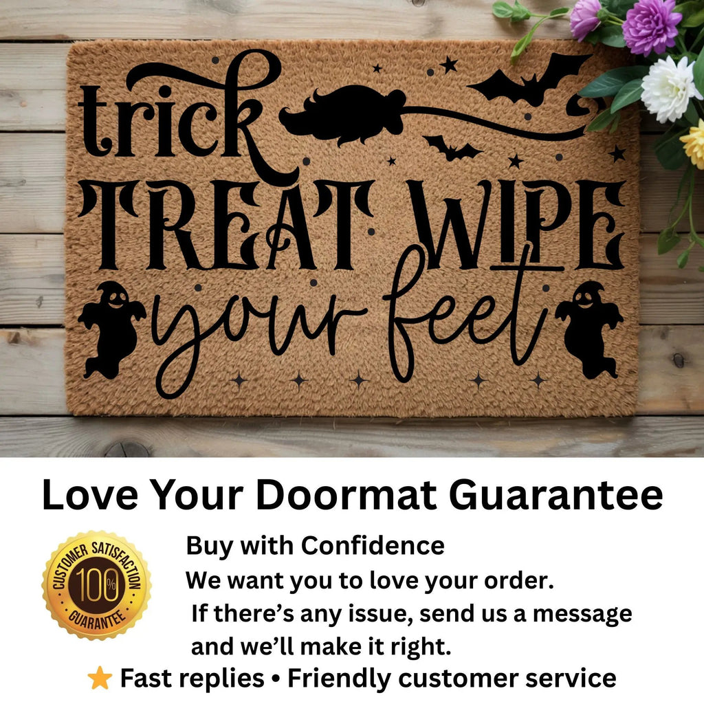Trick, Treat, Wipe Your Feet Coir Doormat – Funny Halloween Welcome Mat | Spooky Ghost and Bat Porch Decor | Rustic Fall Entryway Rug