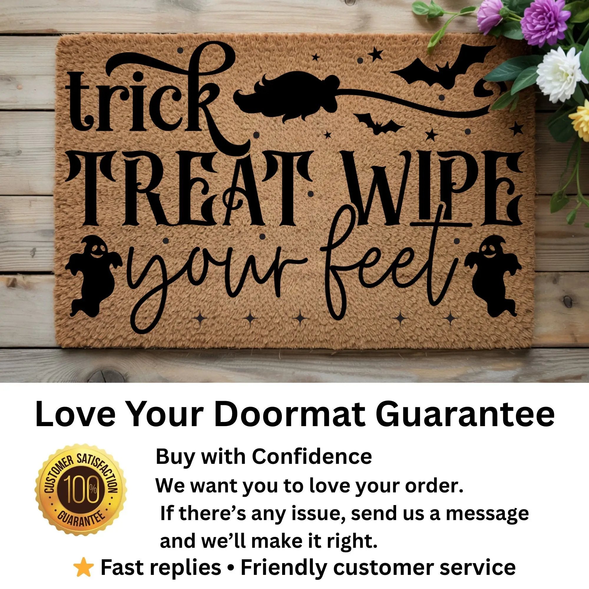 Trick, Treat, Wipe Your Feet Coir Doormat – Funny Halloween Welcome Mat | Spooky Ghost and Bat Porch Decor | Rustic Fall Entryway Rug