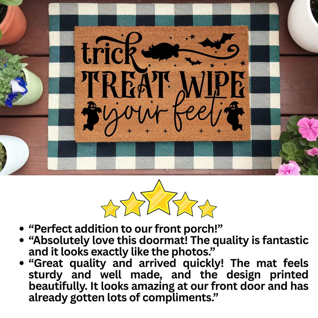Trick, Treat, Wipe Your Feet Coir Doormat – Funny Halloween Welcome Mat | Spooky Ghost and Bat Porch Decor | Rustic Fall Entryway Rug