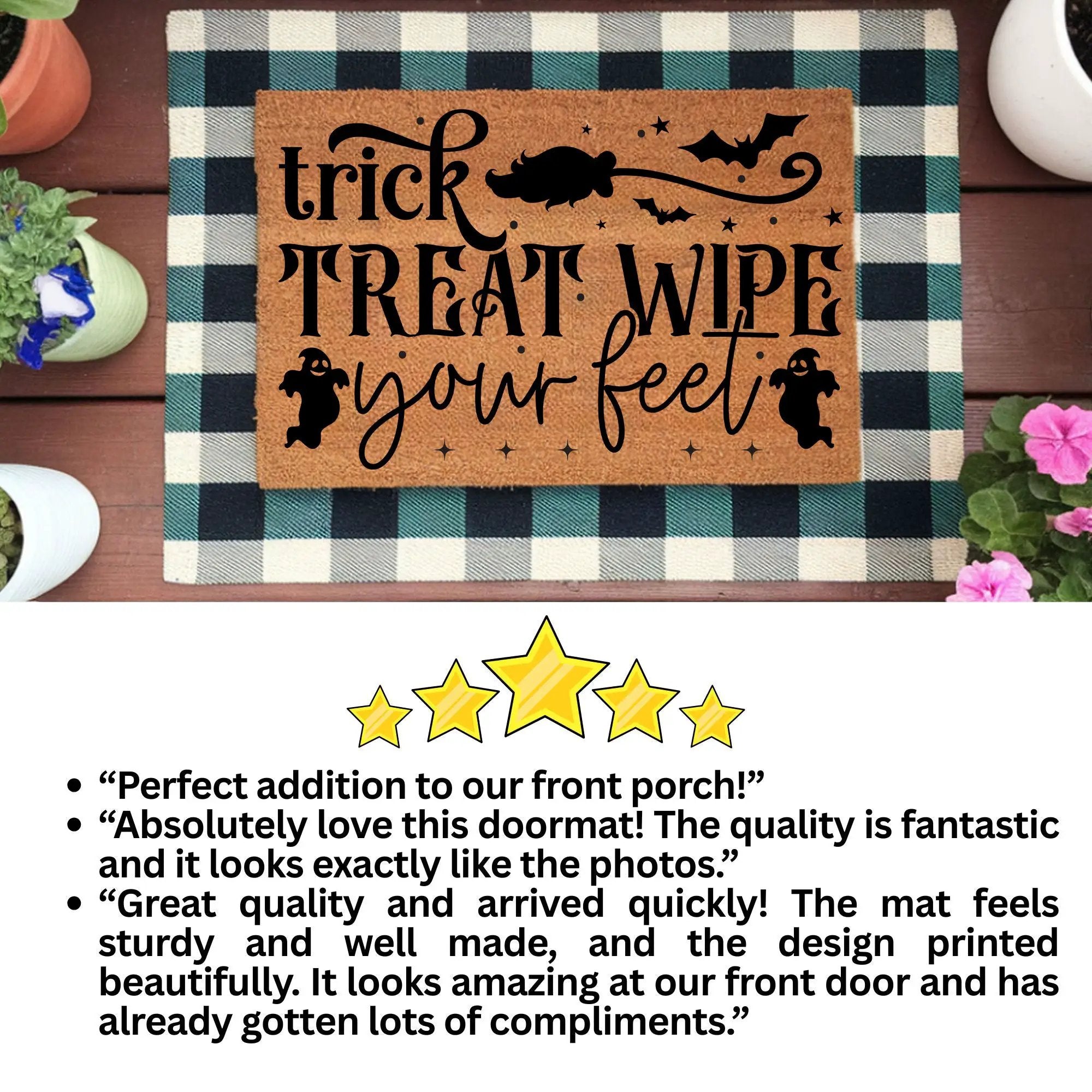 Trick, Treat, Wipe Your Feet Coir Doormat – Funny Halloween Welcome Mat | Spooky Ghost and Bat Porch Decor | Rustic Fall Entryway Rug
