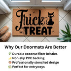 Trick or Treat Coir Doormat – Cute Black Cat Halloween Welcome Mat | Spooky Front Porch Decor | Rustic Fall Entryway Rug