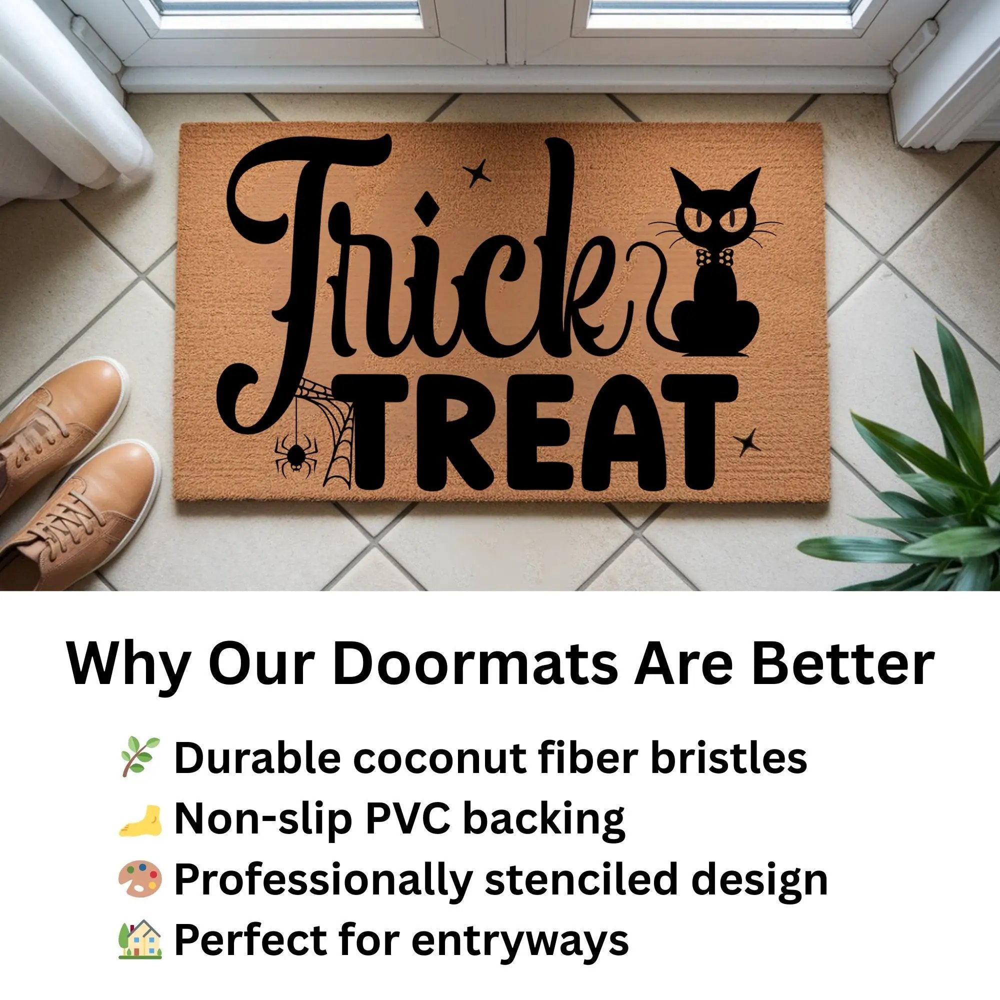 Trick or Treat Coir Doormat – Cute Black Cat Halloween Welcome Mat | Spooky Front Porch Decor | Rustic Fall Entryway Rug