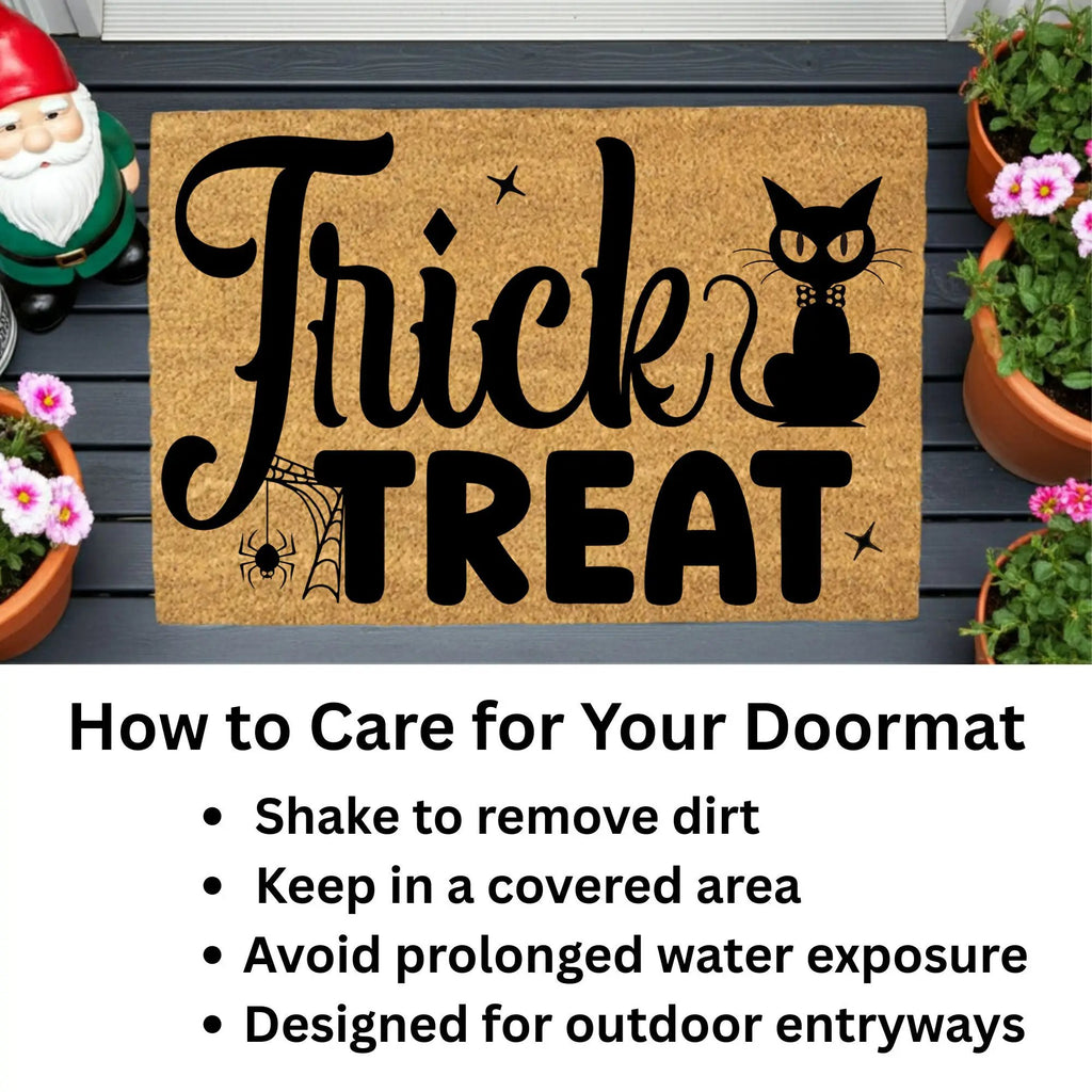 Trick or Treat Coir Doormat – Cute Black Cat Halloween Welcome Mat | Spooky Front Porch Decor | Rustic Fall Entryway Rug