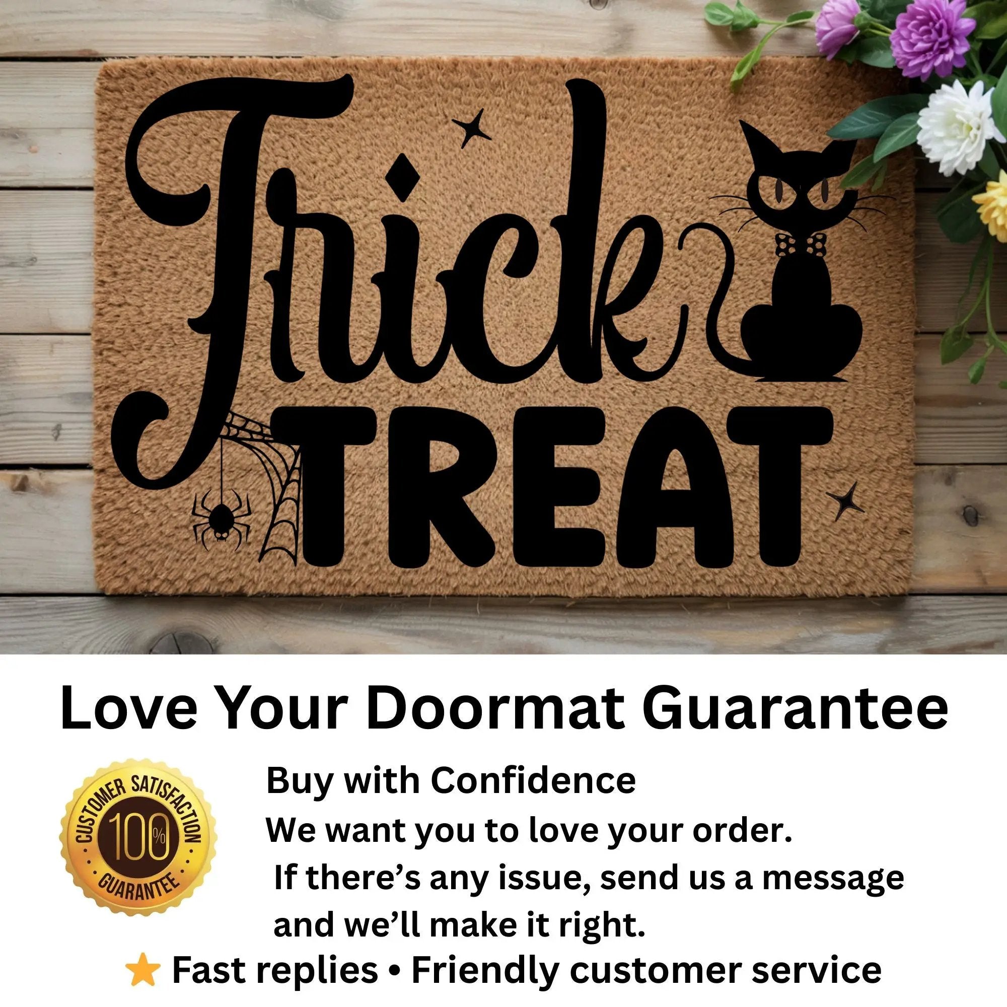 Trick or Treat Coir Doormat – Cute Black Cat Halloween Welcome Mat | Spooky Front Porch Decor | Rustic Fall Entryway Rug