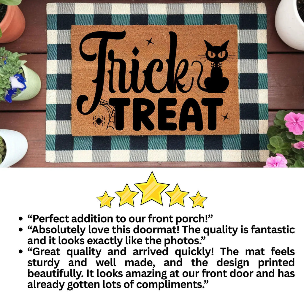 Trick or Treat Coir Doormat – Cute Black Cat Halloween Welcome Mat | Spooky Front Porch Decor | Rustic Fall Entryway Rug