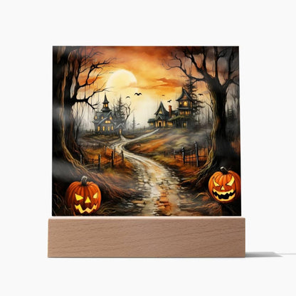 Twilight Terrace: Eerie Halloween Mansion Acrylic Plaque - Mallard Moon Gift Shop