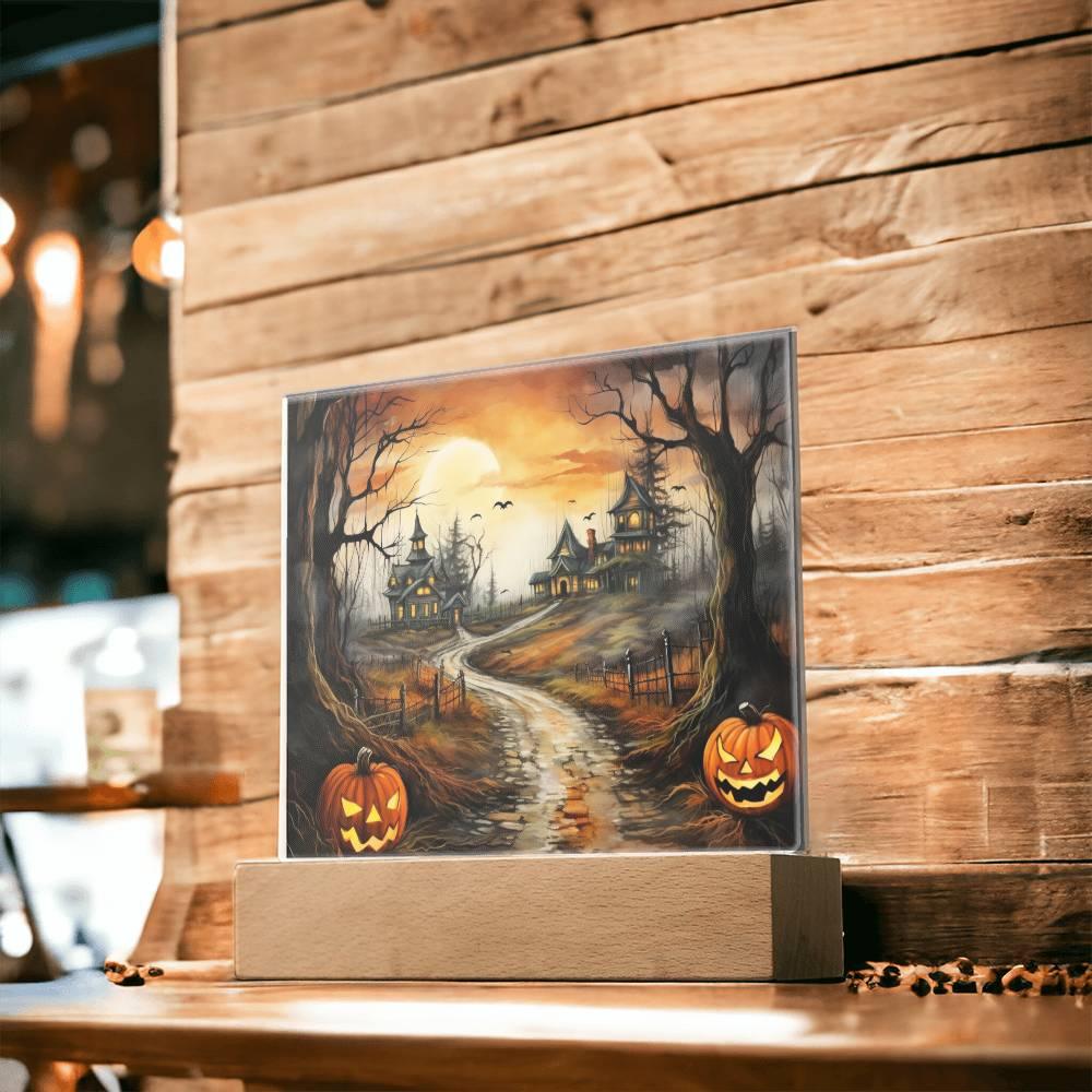 Twilight Terrace: Eerie Halloween Mansion Acrylic Plaque - Mallard Moon Gift Shop
