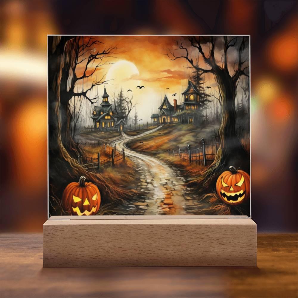 Twilight Terrace: Eerie Halloween Mansion Acrylic Plaque - Mallard Moon Gift Shop