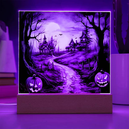 Twilight Terrace: Eerie Halloween Mansion Acrylic Plaque - Mallard Moon Gift Shop