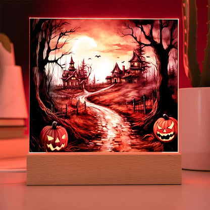 Twilight Terrace: Eerie Halloween Mansion Acrylic Plaque - Mallard Moon Gift Shop