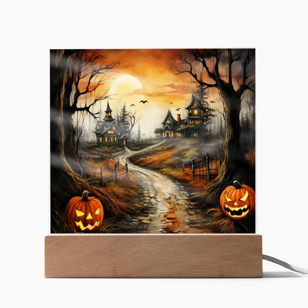 Twilight Terrace: Eerie Halloween Mansion Acrylic Plaque - Mallard Moon Gift Shop