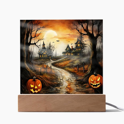 Twilight Terrace: Eerie Halloween Mansion Acrylic Plaque - Mallard Moon Gift Shop